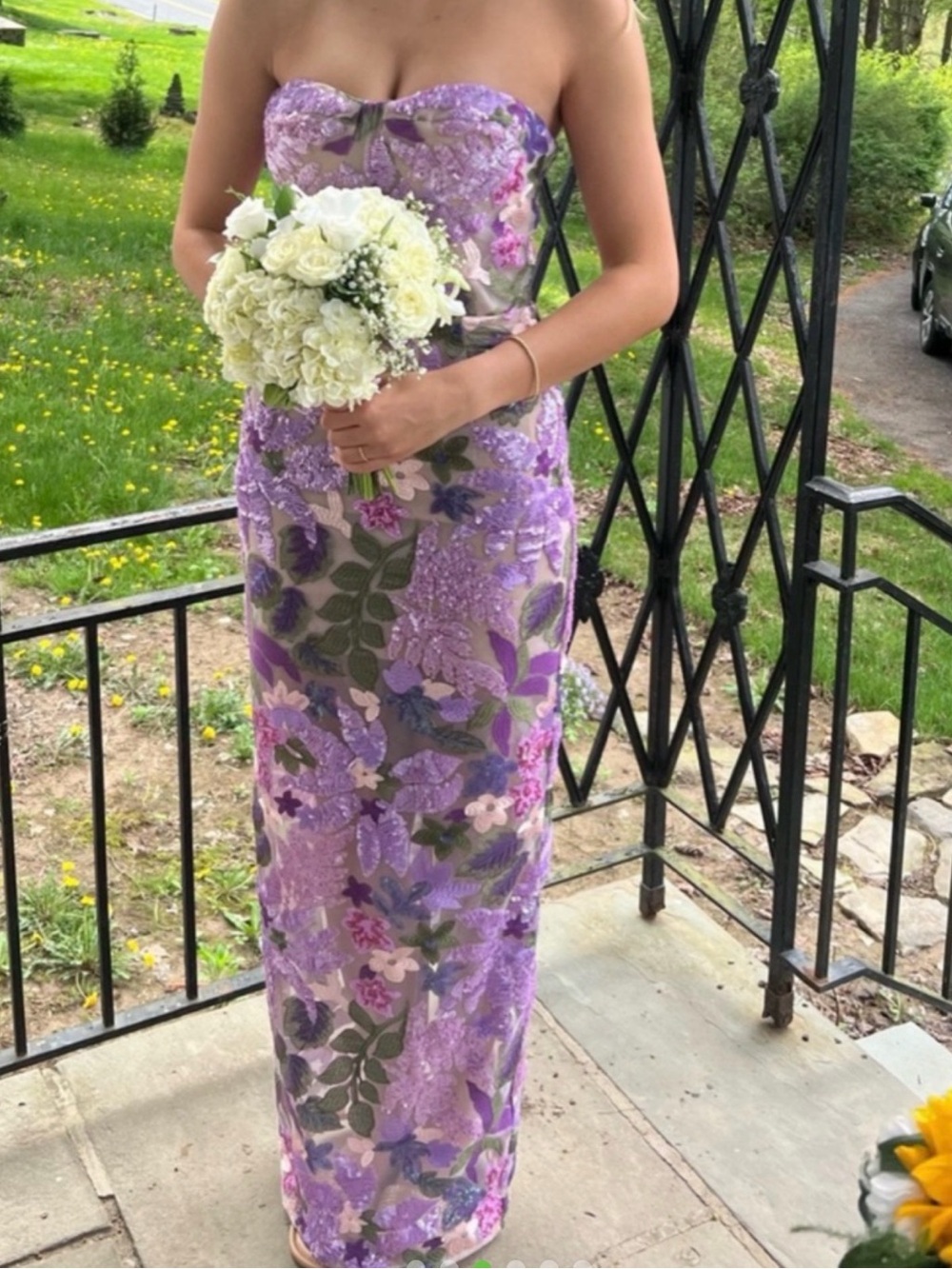 Bronx and Banco Strapless Lavender Floral Lace Gown